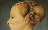 Antonio del Pollaiolo, Ritratto femminile (Milano, Museo Poldi Pezzoli) | Esempio di complessa acconciatura di met Quattrocento; la fronte della giovane  rasata.