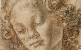 Andrea del Verrocchio (Firenze, 1435 - Venezia, 1488), Testa di un angelo, 1475 ca., Gesso nero, penna e inchiostro marrone, 211 x 181 mm., Gabinetto Disegni e Stampe degli Uffizi, Firenze