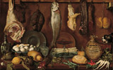 Jacopo Chimenti, detto l'Empoli<br>(Firenze 1551-1640)<br>Dispensa con pesce, carne, uova sode e fiasca di vino<br>1625 circa<br>olio su tela