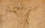Raffaello Sanzio, Studio per un Crocifisso, biblioteca Marucelliana, Firenze. Il disegno a penna su carta bianca è l'opera più preziosa della raccolta della Marucelliana. E' noto anche come 'lo scorticato' per il drammatico rilievo dato alla muscolatura, che pare appunto priva della pelle, e per l'accurato studio anatomico